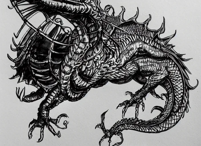 Image similar to pen and ink sketch, steam punk dragon