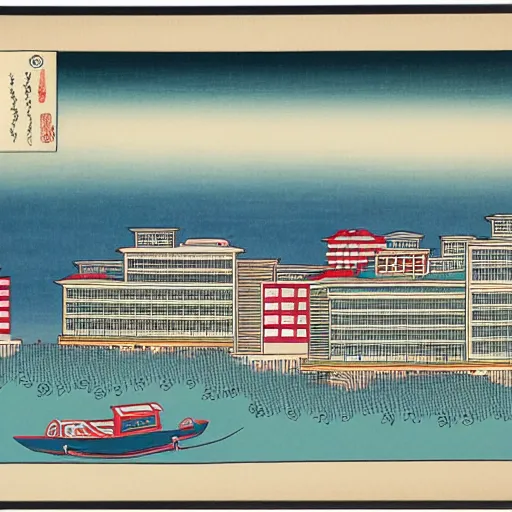 Image similar to ukiyo - e painting of the skyline of singapore public housing