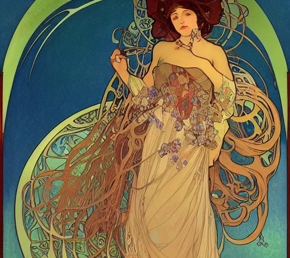 Image similar to the empress of the jellyfish, art nouveau portrait, by alphonse mucha, Adolfo Hohenstein, Stanley Artgerm Lau, greg rutkowski, thomas kindkade, loish