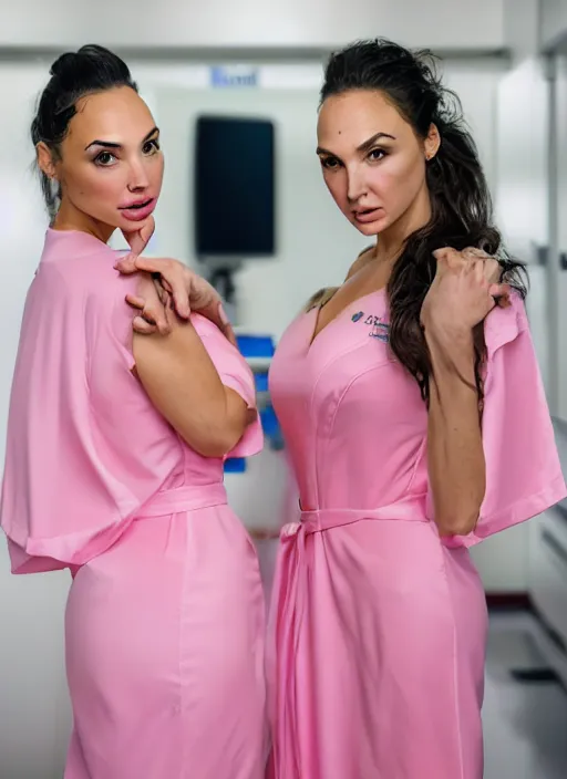 Image similar to portrait of lindsey pelas and gal gadot wearing pink nurse gown in a hospital, by charlotte grimm, natural light, detailed face, beautiful features, symmetrical, canon eos c 3 0 0, ƒ 1. 8, 3 5 mm, 8 k, medium - format print,