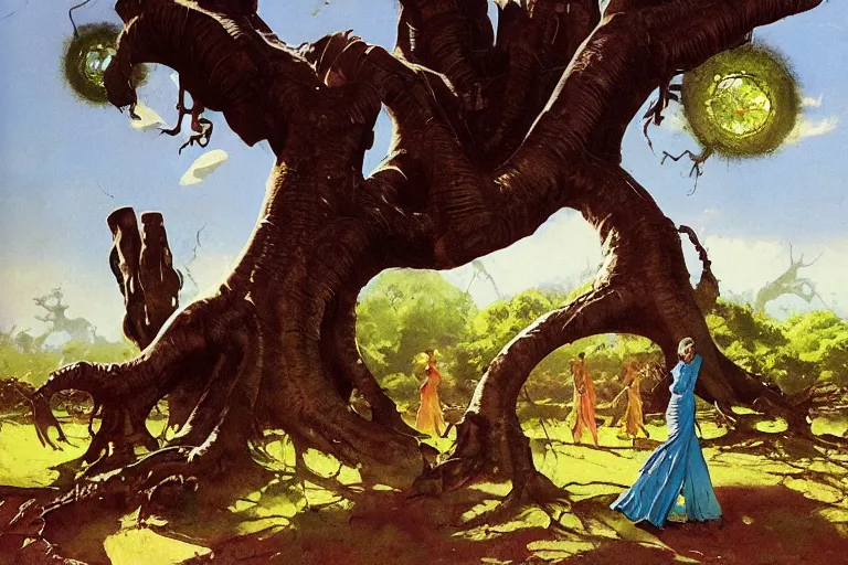 Image similar to 5 0 s pulp scifi illustration, elegant alien female strolls on lawn in beautiful extraterrestrial gardens, baobab tree, by norman rockwell, jack kirby, john berkey, bergey, craig mullins, ruan jia, raymond swanland, jeremy mann, beksinski, tom lovell, alex malveda, schomburg