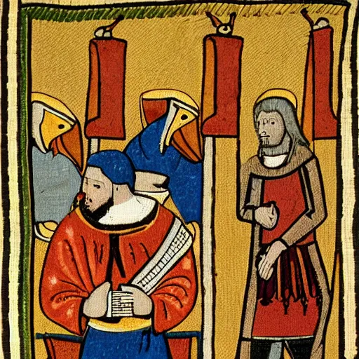 Prompt: Medieval tapestry art of a man buying a cheeseburger in a McDrive