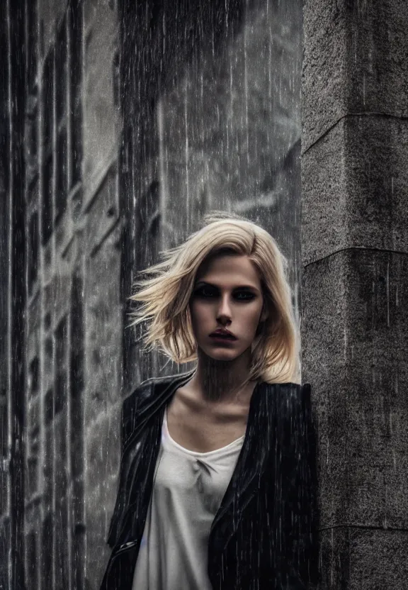 Image similar to cute model annie leonhart posing in dunwall city, beautiful face, detailed face, realistic eyes, cinematic lighting, rainy weather, melancholy atmosphere, volumetric light, gothic architecture, realistic reflections, model agency, instagram photo, depression atmosphere, shot on sony a 7, beauty filter, postprocessing