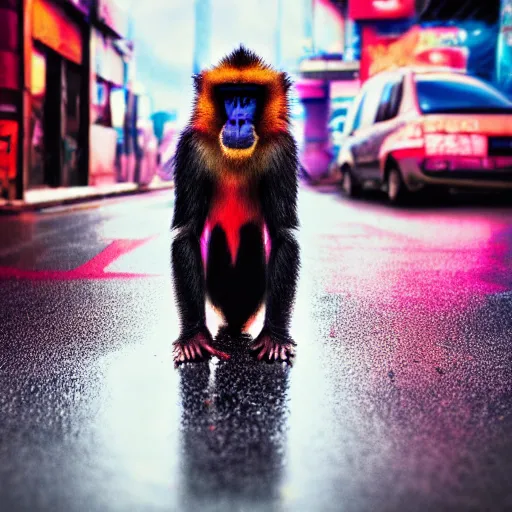 Image similar to a high quality low wide angle photo of a Mandrill monkey on the streets of a cyberpunk city, rainy, reflective ground, neon lights, realism, 8k