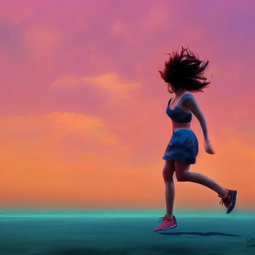 Image similar to portrait, giant rose flower head, woman running at the beach, surreal photography, sunrise, blue sky, dramatic light, impressionist painting, digital painting, artstation, simon stalenhag