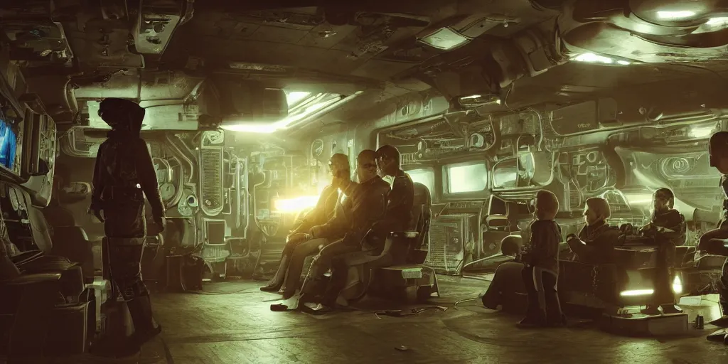 Prompt: photograph of a cyberpunk submarine interior set with a child standing next to lifeless adults. cinematic lighting, color contrast, arri alexa, anamorphic bokeh, professional lighting, 4 k, photographed by erik johansson, graded with davinci resolve