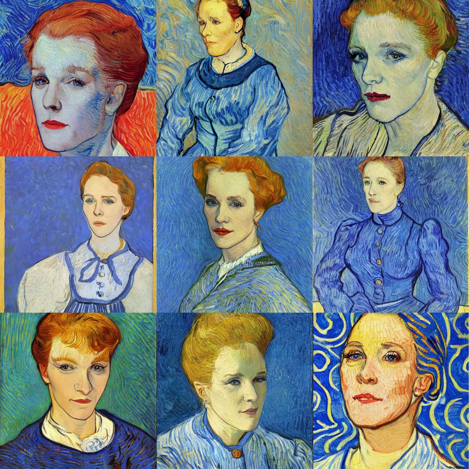 Prompt: detailed portrait of julie andrews, thick blue lines, painted by vincent van gogh, oil on canvas, 1 8 8 9.