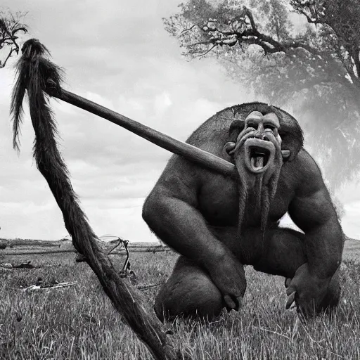 Image similar to A troll lumbers across a field. In its wake, it leaves a swath of destruction that looks like an angry god's handiwork. A few dozen meters out, it turns and bellows at them, revealing long tusks jutting from its lower jaw.