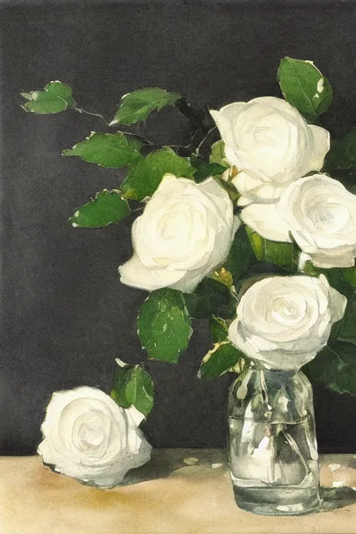 Prompt: white roses and glass vass, water color, dramatic lighting, still life by morandi, detailed