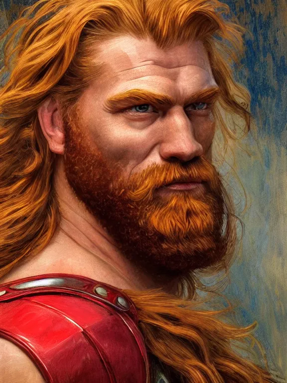 Image similar to painted portrait of rugged thor, god of thunder, norse god, red hair, masculine, mature, handsome, upper body, red and gold, muscular, hairy torso, fantasy, intricate, muscular, elegant, highly detailed, digital painting, artstation, concept art, smooth, sharp focus, illustration, art by gaston bussiere and alphonse mucha