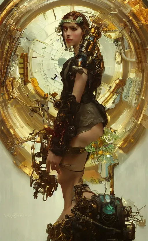 Image similar to hyper realistic time machine, cyberpunk, design on white background, beautiful details, lush foliage cyberpunk, gold, drawn by john singer sargent, tom bagshaw, norman rockwell, alphonso mucha, lolish, trending on artstation