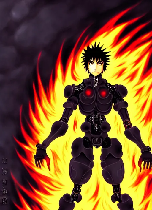 Image similar to a detailed manga full body portrait illustration of a dark haired cyborg anime man surrounded by fire by hirohiko araki, detailed artwork, realism, 4 k resolution, detailed, high quality, sharp focus, hq artwork, insane detail, volumetric lighting, character concept art, fine details, clear subject, central subject