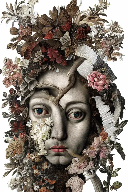 Image similar to Detailed maximalist portrait a greek god with large lips and with large white eyes, exasperated expression, botany bones, HD mixed media, 3D collage, highly detailed and intricate, surreal illustration in the style of Caravaggio, dark art, baroque