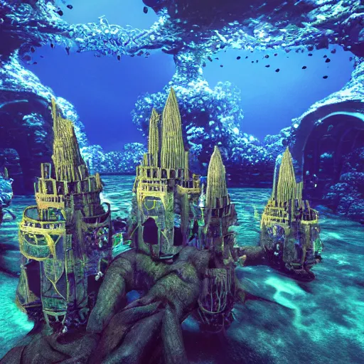 Image similar to a photograph of an underwater cathedral at the bottom of the ocean surrounded by mermaids, by david lachapelle, photorealistic, octane render, unreal engine, 4 k, smooth lighting, subaquatic photography,