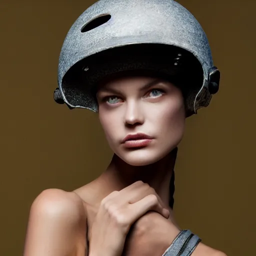 Image similar to high fashion helmet worn by a slender female model