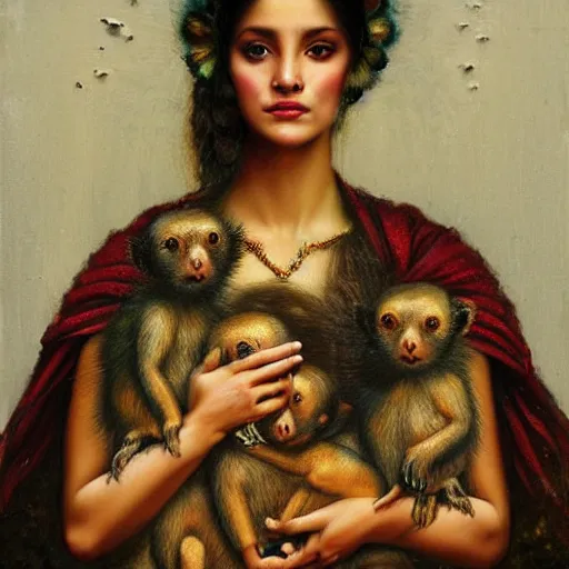 Prompt: a ultradetailed beautiful painting of ( ( ( ( a latin young woman holding several small monkeys ) ) ) ) by saturno butto, agostino arrivabene, mordecai ardon and chuck close, trending on artstation