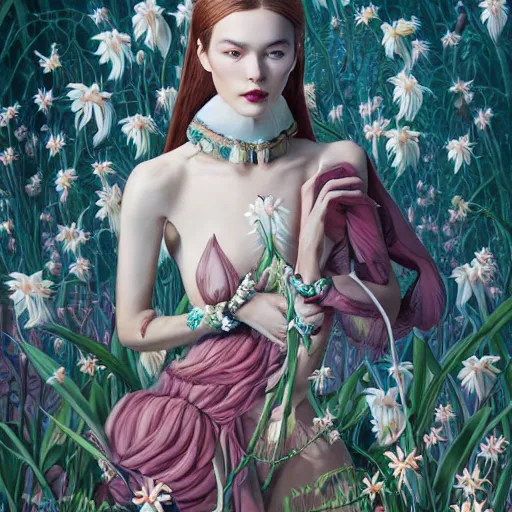 Image similar to pretty model with white wolf, white lilies : : by martine johanna and simon stalenhag and chie yoshii and casey weldon and wlop : : ornate, dynamic, particulate, rich colors, intricate, elegant, highly detailed, vogue, wolf, harper's bazaar art, fashion magazine, smooth, sharp focus, 8 k, octane render