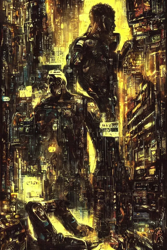 Image similar to artwork by Ridley Scott showing a android dreaming about electric sheep, cyberpunk, Blade Runner