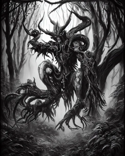 Image similar to A forest elemental, terrifying, black and white, fantasy art, monster art, in the style of masami kurumada, illustration, epic, fantasy, intricate, hyper detailed, artstation, concept art, smooth, sharp focus, ray tracing