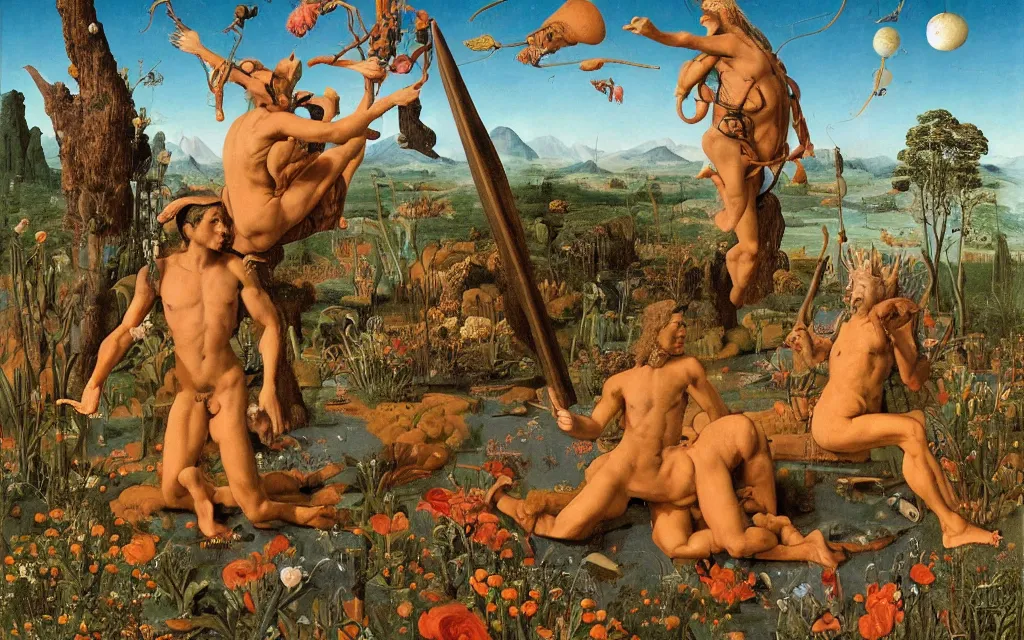 Image similar to a portrait photograph of a meditating satyr and a centaur monk riding a rocket machine and hunting at a river delta. surrounded by bulbous flowers and trees. mountain range under a blue sky of fiery stars. by jan van eyck, max ernst, ernst haeckel, ernst fuchs and artgerm, cgsociety, fashion editorial, 8 k