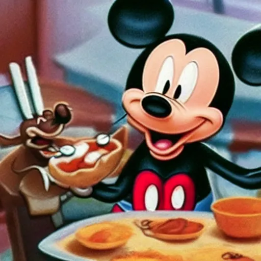 Image similar to Mickey Mouse and master splinter having dinner