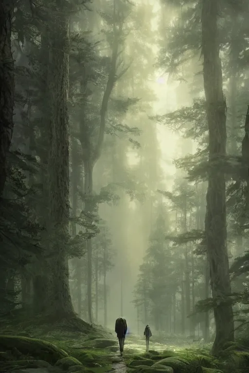 Image similar to A beautiful forest with a giant walking in the far distance by Greg Rutkowski, Sung Choi, Mitchell Mohrhauser, Maciej Kuciara, Johnson Ting, Maxim Verehin, Peter Konig, final fantasy , 8k photorealistic, cinematic lighting, HD, high details, atmospheric,