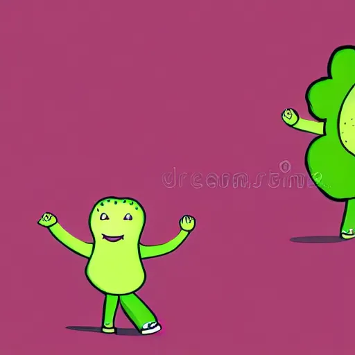 Image similar to a dancing broccoli, he is very happy, children illustration