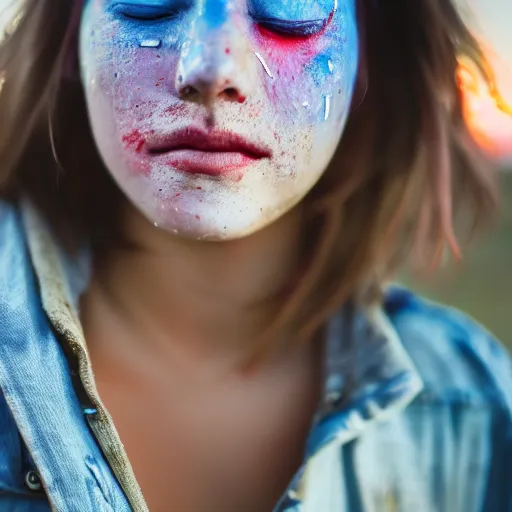 Image similar to 100mm bokeh realistic outdoors photo of a young adult with various colors of paint smeared on their face, eyes closed, sunset behind them, HDR cinematic lens