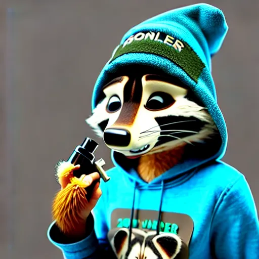 Image similar to a very relaxed stoner with a black hoodie on with a furry raccoon head from zootopia, wearing teal beanie, holding a small vape, blowing out smoke, 3 d render, 8 k, extremely detailed fur, wearing a cool marijuana t - shirt