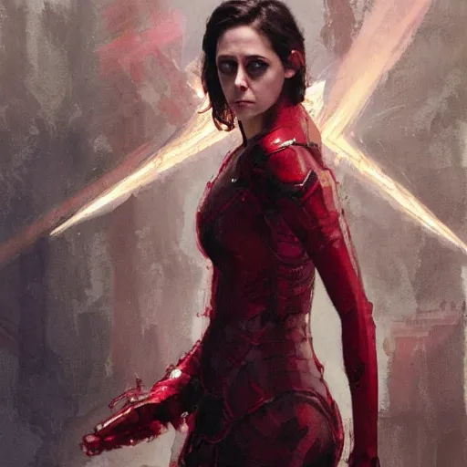 Image similar to alison brie as kristen stewart playing the scarlet witch wearing the iron man armor, intricate, elegant, highly detailed, greg manchess, mucha, liepke, ruan jia, jeffrey catherine jones, ridley scott