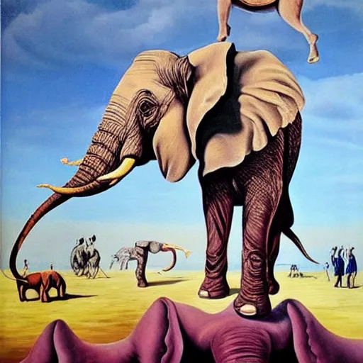 Prompt: in the style of painter salvador dali circus of animals playing, Surrealism painting, hyperrealism, large elephant plays, high details, everything sharp focus, photorealism, real photo