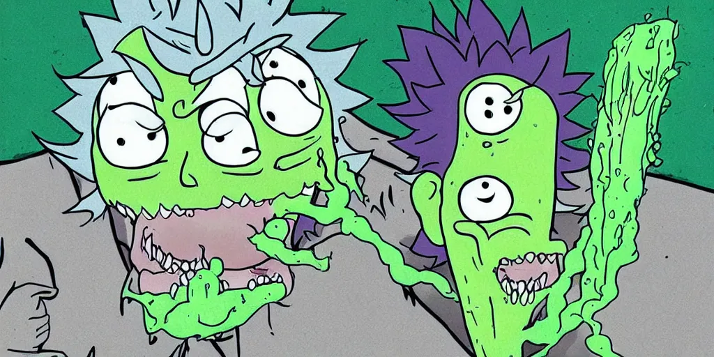 Image similar to Rick Sanchez after transforming into a Pickle Rick, terrified as his new body slowly breaks down into green goo, adult swim cartoon, 2d art