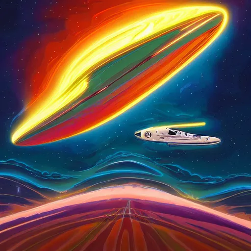 Prompt: Digital painting of a cosmic RV flying through space by Dan Mumford, hyperdetailed, trending on Artstation