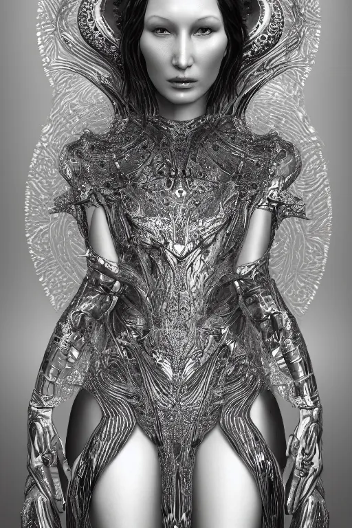 Image similar to a portrait of a beautiful ancient alien woman goddess bella hadid in iris van herpen dress in diamonds and fractals in style of alphonse mucha art nuvo dmt trending on artstation made in unreal engine 4