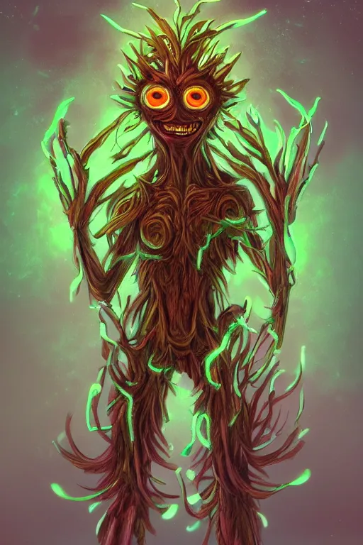 Image similar to a glowing humanoid figure plant monster with large eyes, smiling, highly detailed, digital art, sharp focus, trending on art station, plant, anime art style