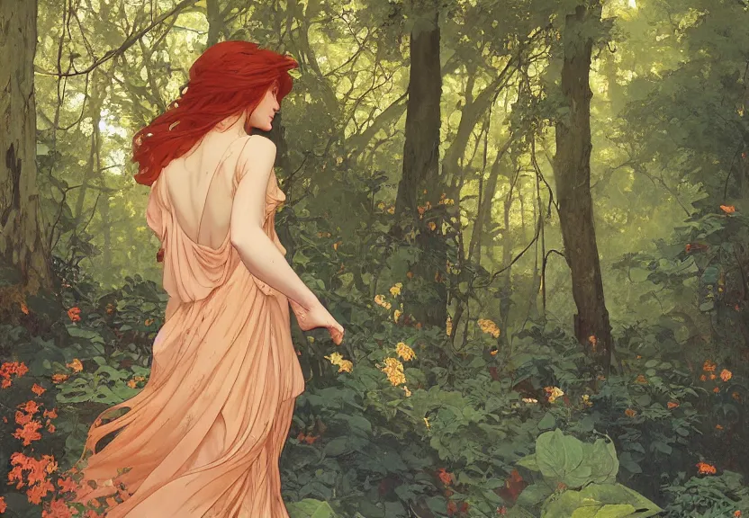 Prompt: a woman seen from behind from far away with copper hair and a flowing sundress dreaming in a forest, fine details by realistic shaded lighting poster by ilya kuvshinov katsuhiro otomo, magali villeneuve, artgerm, jeremy lipkin and michael garmash and rob rey, art nouveau, alphonse mucha, william - adolphe bouguereau, golden hour