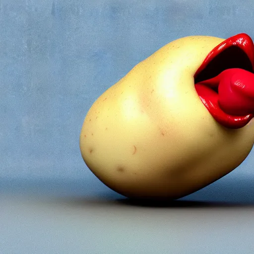 Image similar to a 3 d render of a potato with lucious red lips opening its mouth and sticking out its tongue ue 4 photorealism artstation