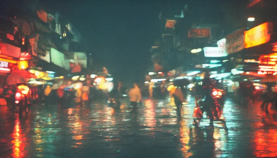 Image similar to street of hanoi photography, night, rain, mist, cinestill 8 0 0 t, in the style of william eggleston
