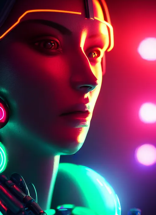 Image similar to Centered close up bokeh shot of cyborg women, cyberpunk background, High action glowing neon lights, digital art, artstation, cinematic, volumetric lighting, Award winning, ultra high resolution, intricate details, rendered with unreal engine, octane render, UHD 8K