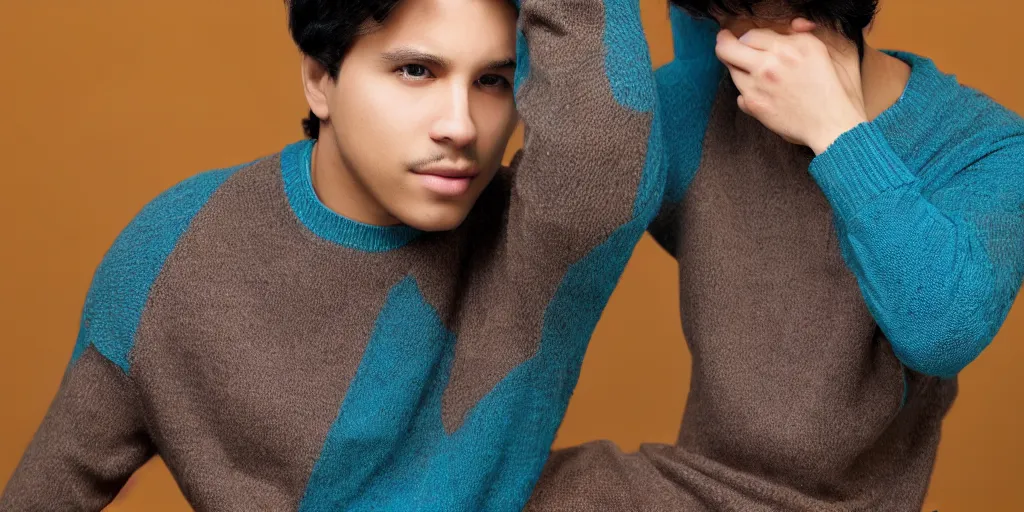 Image similar to Male, Male, Male, Male, Male, short hair, blue hair, dark skin, teal sweater, wavy hair, photograph, hd,