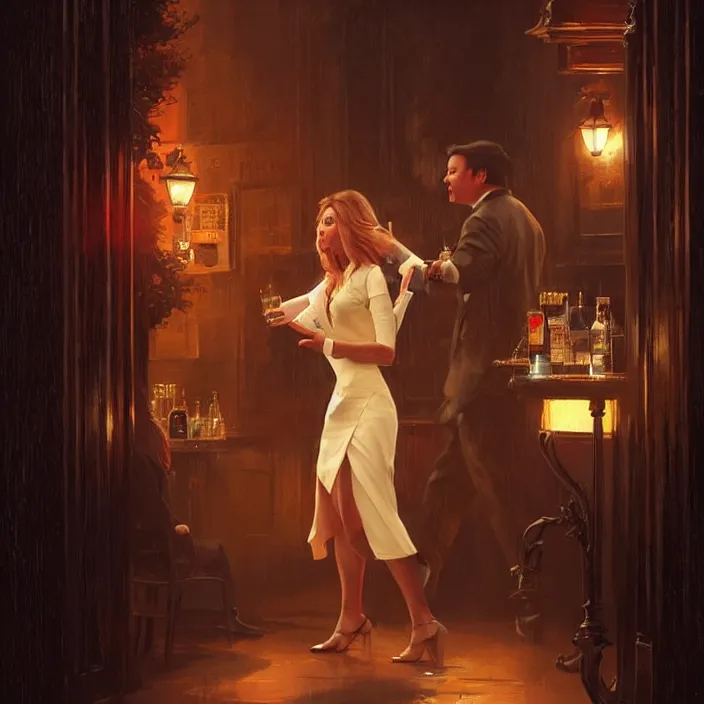 Image similar to michael mcintyre leaving a bar with with a singing waitress, elegant, real life skin, intricate artwork, high detailed, artstation, concept art, smooth, sharp focus, art by artgerm and greg rutkowski