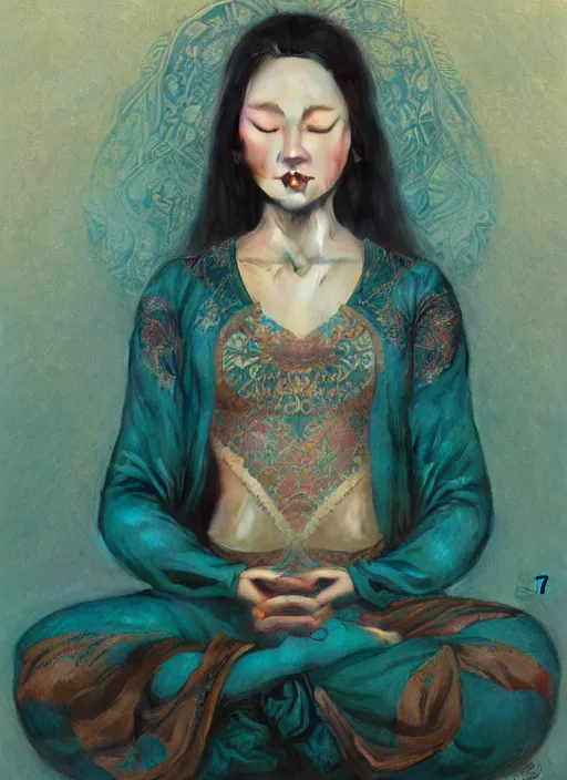 Prompt: girl, asian, meditating in lotus position, teal suit, intricate, elegant, highly detailed, artstation, sharp focus, illustration, ruan jia, mandy jurgens, rutkowski, mucha