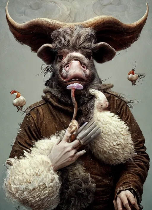 Image similar to a hyper detailed painting of an anthropomorphic joaquin phoenix as the king of animals, cow horns, pig nose, sheep wool, chicken feathers, horror, by anna podedworna, by miklos ligeti, by diego maricato, by taran fiddler, by antonino truisi, by chris reddie, on artstation