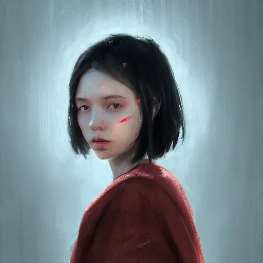 Image similar to portrait of a girl by greg rutkowski, she is about 2 0 years old, mixture between russian and japanese, prettt, black bob hair with two strands around her face, googles on her forehead, wearing a oversized jumper jumpsuit, highly detailed portrait, digital painting, artstation, concept art, smooth, sharp foccus ilustration, artstation hq