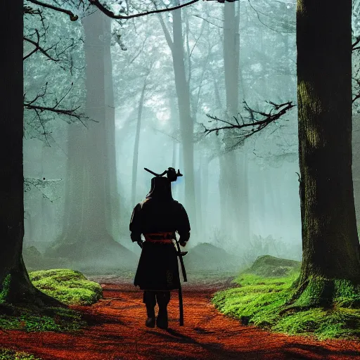 Image similar to a samurai walks alone through the woods at day, bright, sunny, atmospheric, cinematic lighting, intricate detail?