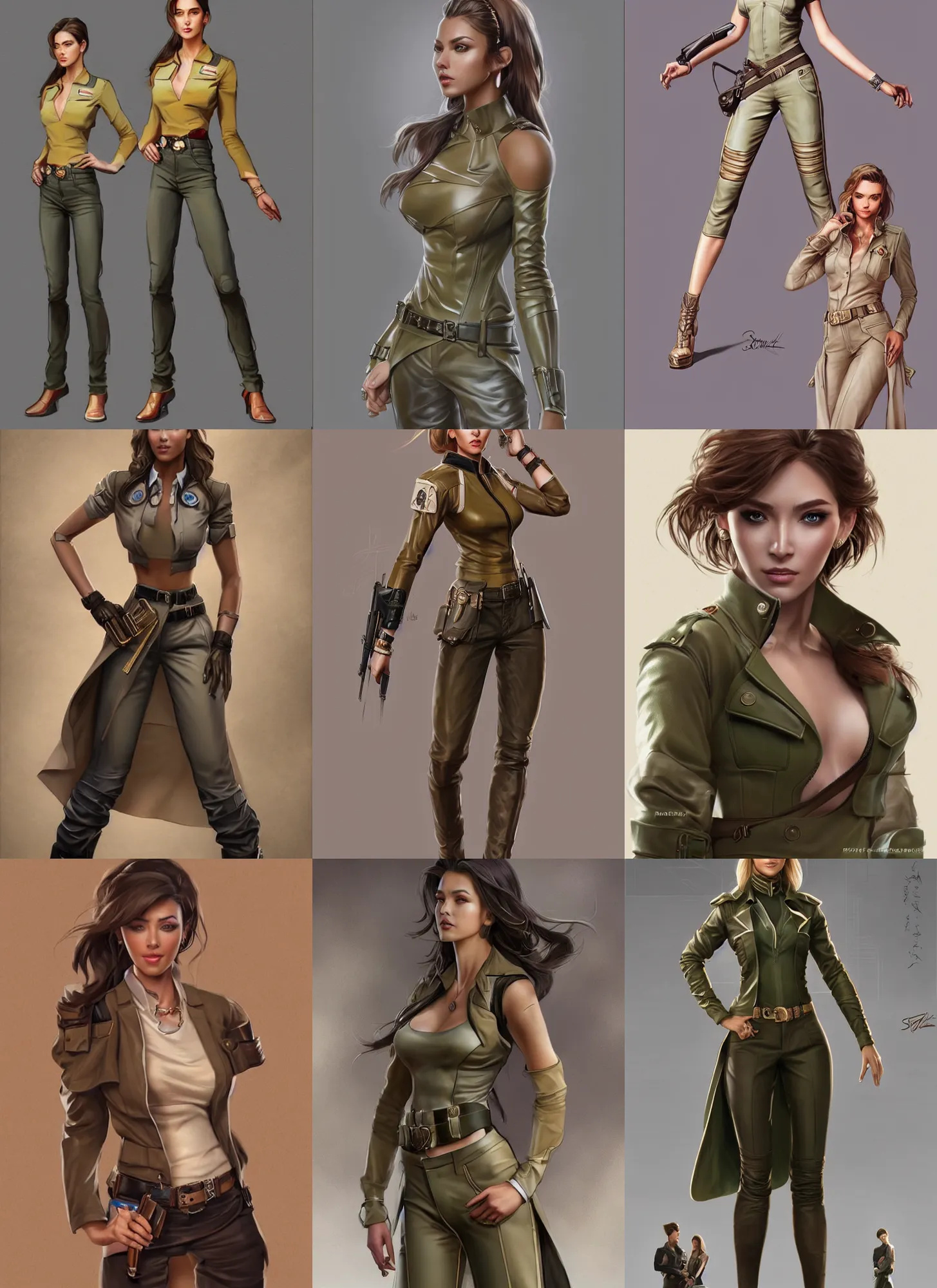 Prompt: full figure character concept art of a gorgeous young woman wearing a designer khaki outfit in the style of stefan kostic, realistic, sharp focus, 8k high definition, insanely detailed, intricate, elegant, art by stanley lau and artgerm