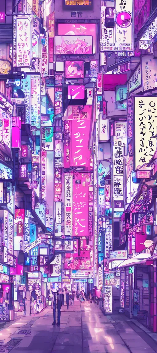 Prompt: beautiful anime! style vaporware tokyo japan, kawaii anime manga style, pink purple, illustration, minimal, neon pastel, akihabara