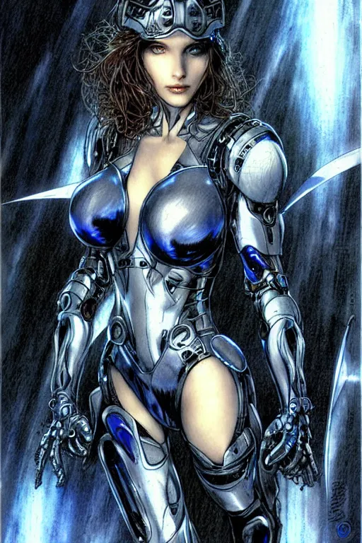 Prompt: Elizabeth Olson is a beautiful robot fighter pilot, fantasy, portrait, sharp focus, intricate, elegant, illustration, ambient lighting, art by Luis Royo