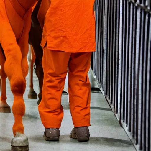 Prompt: horse wearing orange inmate clothes, in a jail