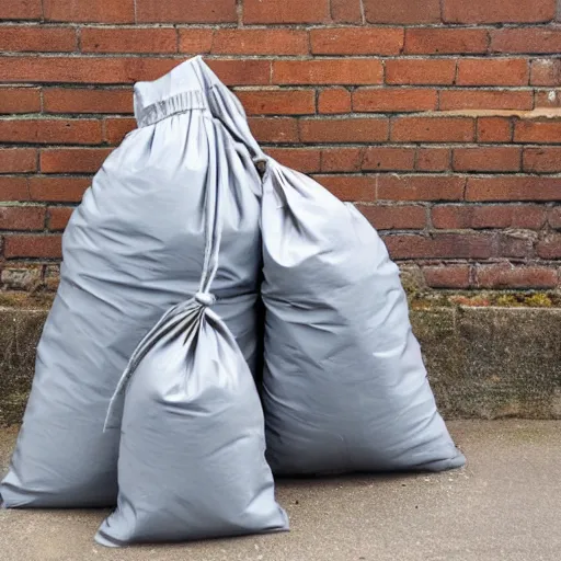 Prompt: Full grey bin bag, tied closed